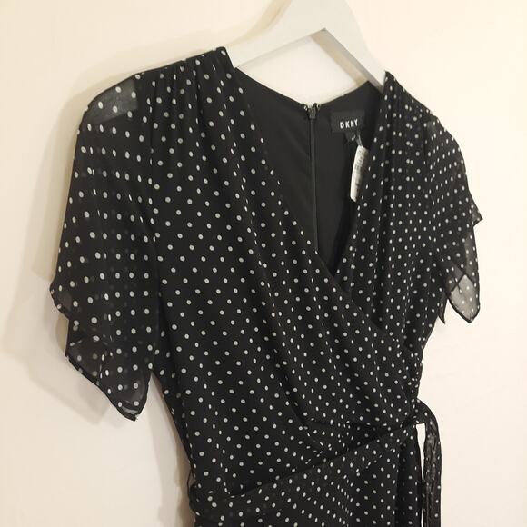 NWT DKNY Black Polka Dot Wrap Style Dress Sz 6 Ruffle Flutter Sleeve Tie Waist - Picture 5 of 11